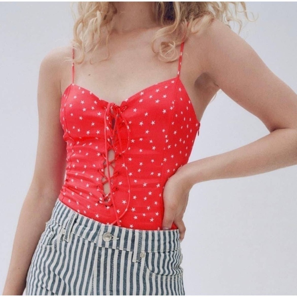 Zara Satin Effect Red Star Lace Up Bodysuit Corset Tie Front Snaps